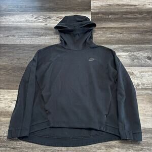 Nike Tech Black Women M Funnel Neck Spell Out Mini Swoosh Fleece Pullover Hoodie